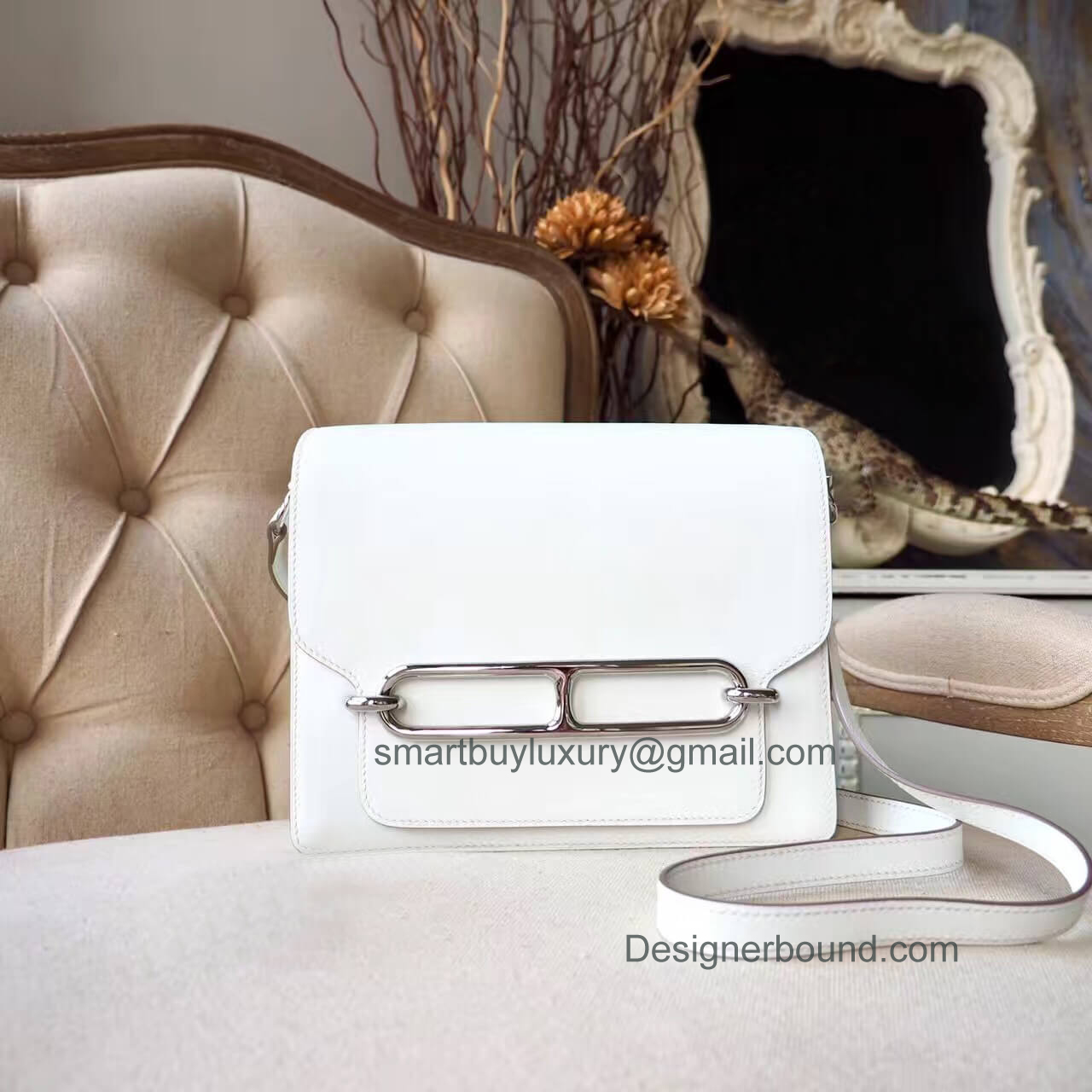 Hermes Roulis 23 Bag White Stitching in cc10 Craie Evercolor PHW